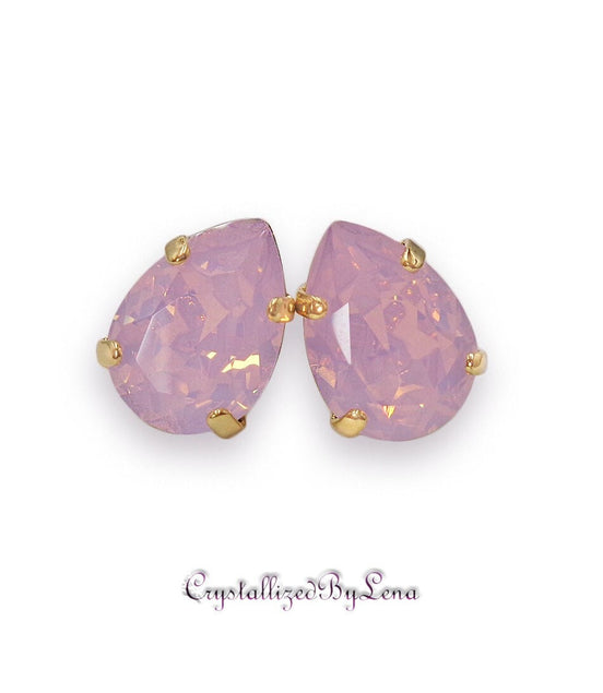 Crystal pear stud earrings Rose opal,yellow gold