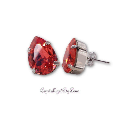 Crystal pear stud earrings  bright red, rhodium silver
