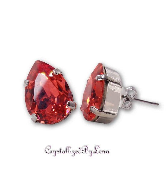 Crystal pear stud earrings  bright red, rhodium silver