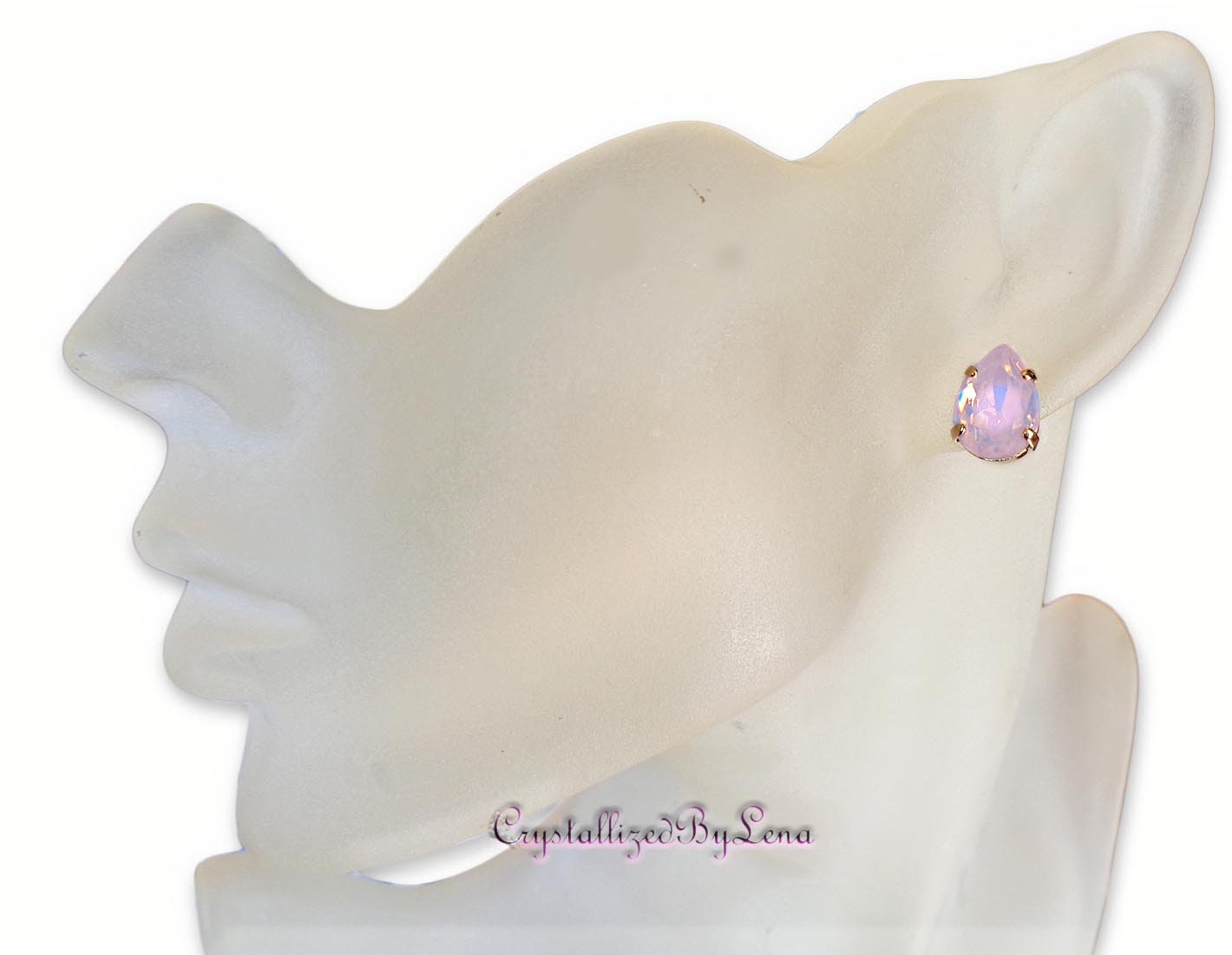 Crystal pear stud earrings Rose opal,yellow gold