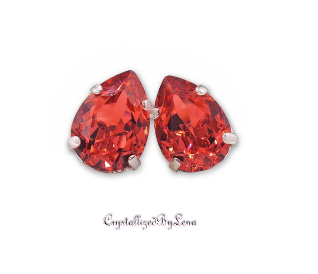 Crystal pear stud earrings  bright red, rhodium silver
