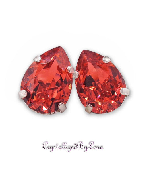 Crystal pear stud earrings  bright red, rhodium silver