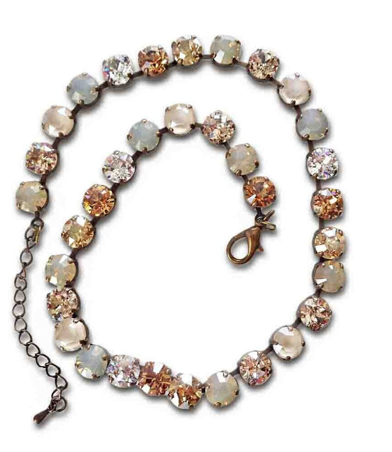 PETRA Crystal tennis necklace golden and gray tones ,antique brass
