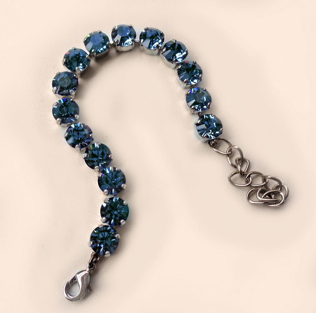 Austrian crystal tennis bracelet denim blue ,rhodium silver