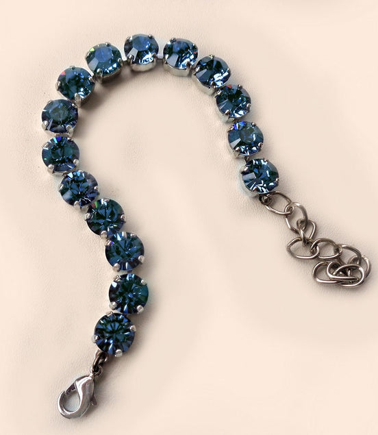 Austrian crystal tennis bracelet denim blue ,rhodium silver