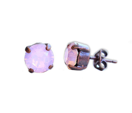 Crystal  stud earrings pink opal,antique copper