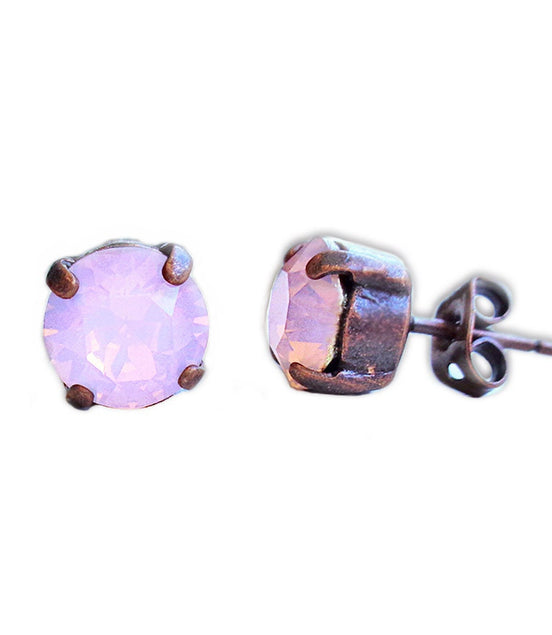 Crystal  stud earrings pink opal,antique copper