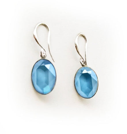 Crystal oval dangle drop earrings summer blue,rhodium silver