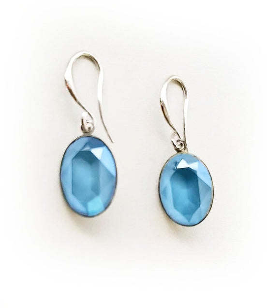 Crystal oval dangle drop earrings summer blue,rhodium silver