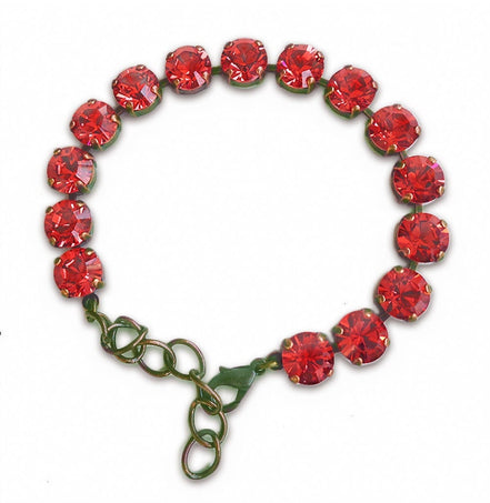 Austrian crystal  tennis bracelet bright red , antique brass