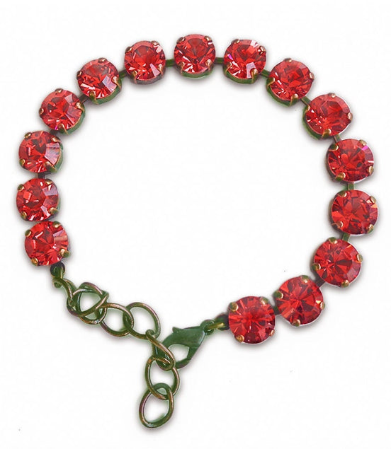 Austrian crystal  tennis bracelet bright red , antique brass