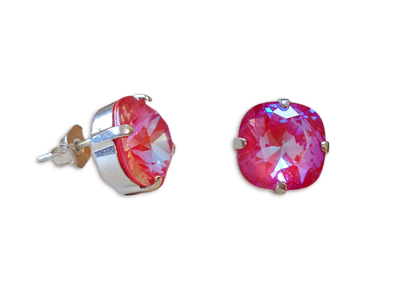Crystal square stud earrings  Royal red Delite,silver plated