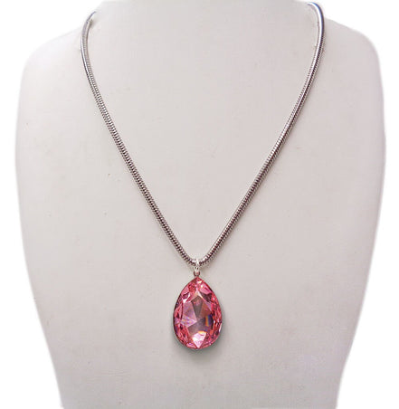 Large  crystal pear stone pendant necklace  light  pink,stainless steel chain