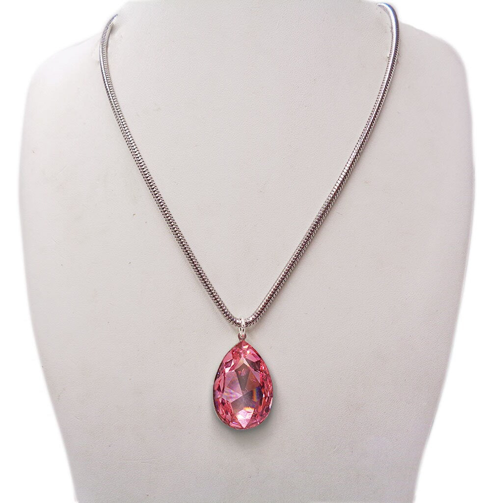 Large  crystal pear stone pendant necklace  light  pink,stainless steel chain