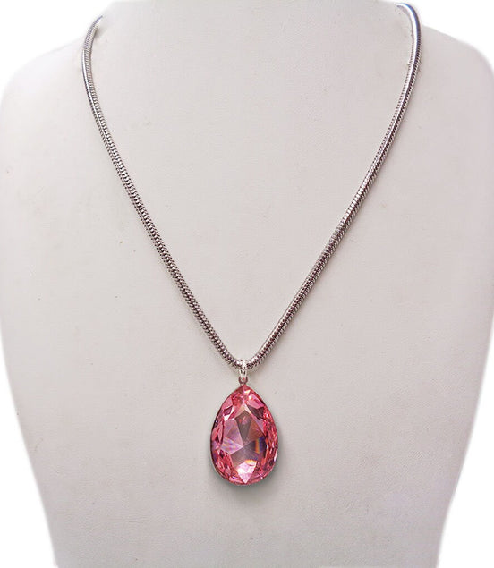 Large  crystal pear stone pendant necklace  light  pink,stainless steel chain