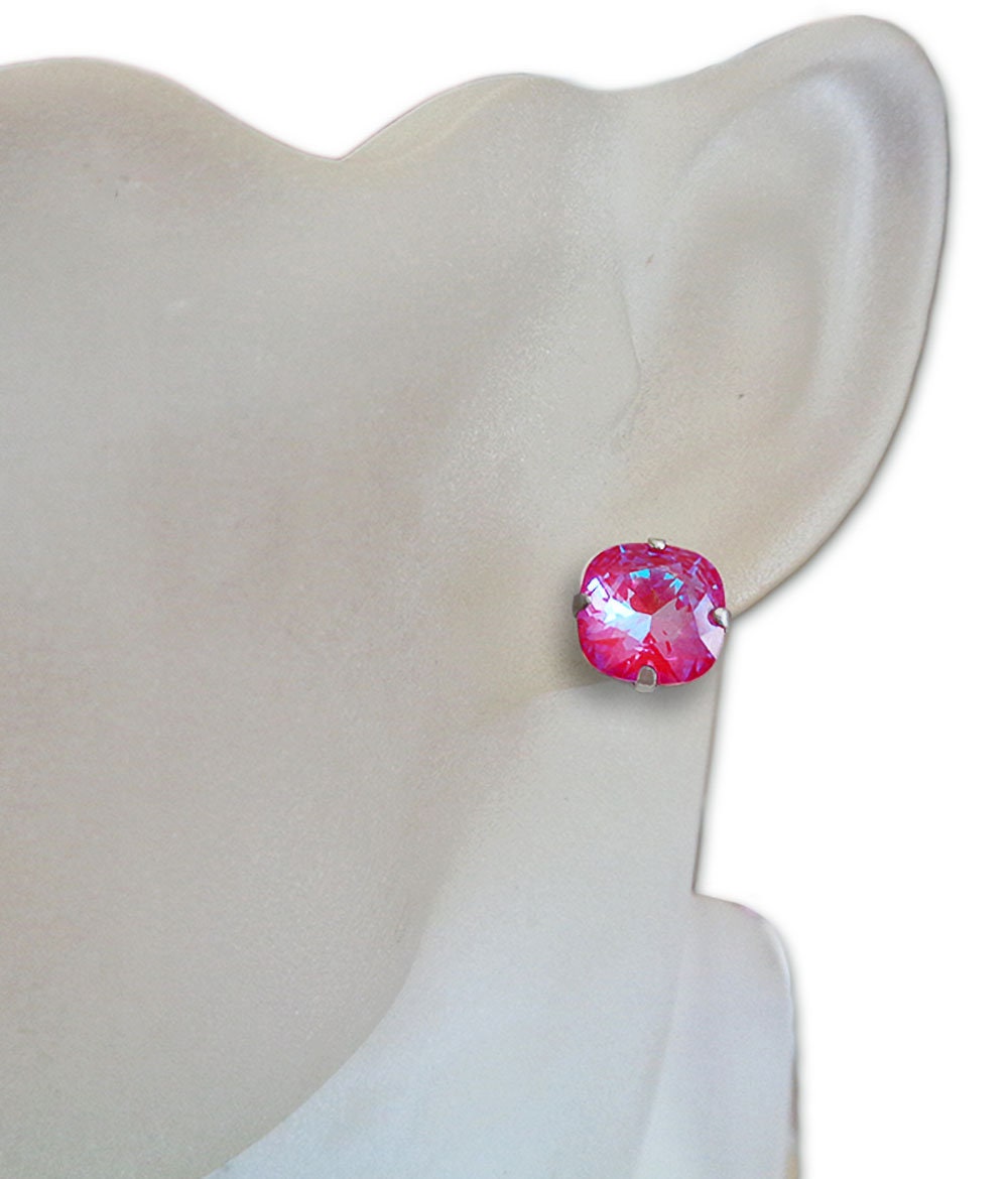 Crystal square stud earrings  Royal red Delite,silver plated