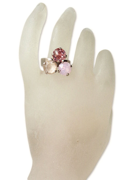 Crystal three stone ring ,pastel pink ,rhodium silver