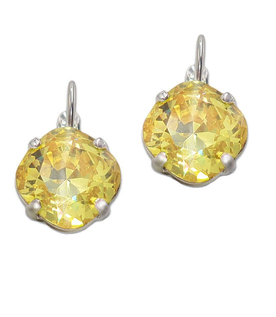 Crystal  mini square drop earrings yellow,silver plated