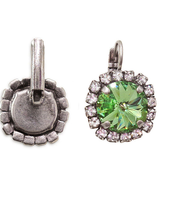 Crystal halo drop earrings,peridot green,antique silver
