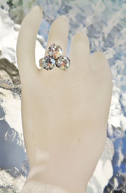 Crystal three stone ring ,blue shade,silver plated