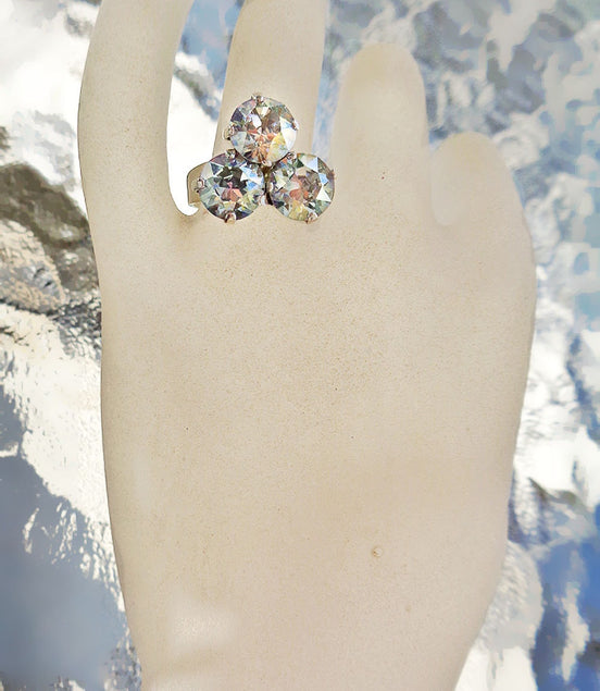 Crystal three stone ring ,blue shade,silver plated