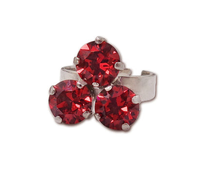 Crystal three stone ring ,scarlet red, rhodium silver
