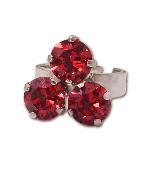 Crystal three stone ring ,scarlet red, rhodium silver
