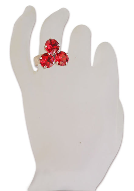 Crystal three stone ring ,scarlet red, rhodium silver