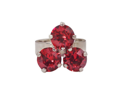 Crystal three stone ring ,scarlet red, rhodium silver
