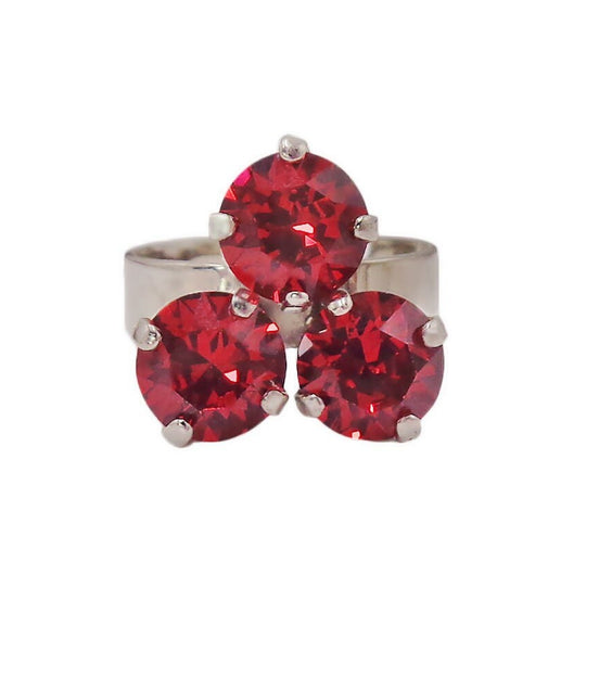 Crystal three stone ring ,scarlet red, rhodium silver