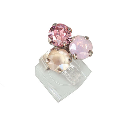 Crystal three stone ring ,pastel pink ,rhodium silver