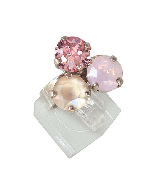 Crystal three stone ring ,pastel pink ,rhodium silver