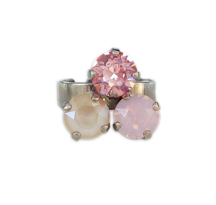 Crystal three stone ring ,pastel pink ,rhodium silver
