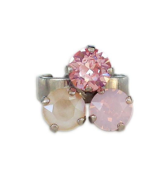 Crystal three stone ring ,pastel pink ,rhodium silver