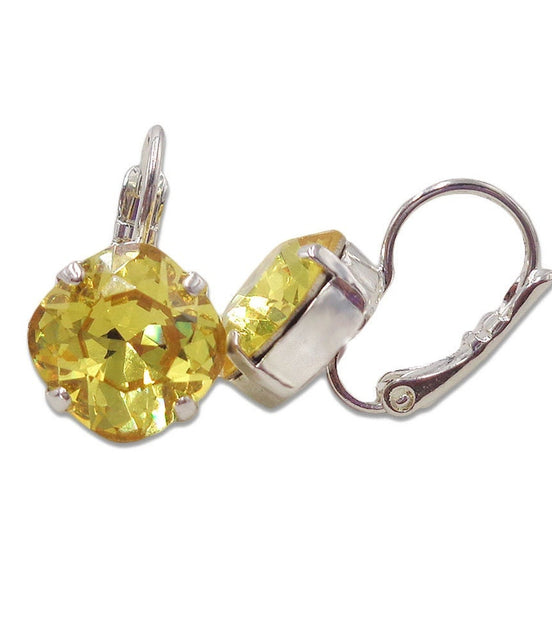 Crystal  mini square drop earrings yellow,silver plated
