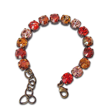 MAGMA AND FLAMES crystal orange and red tennis bracelet,antique brass