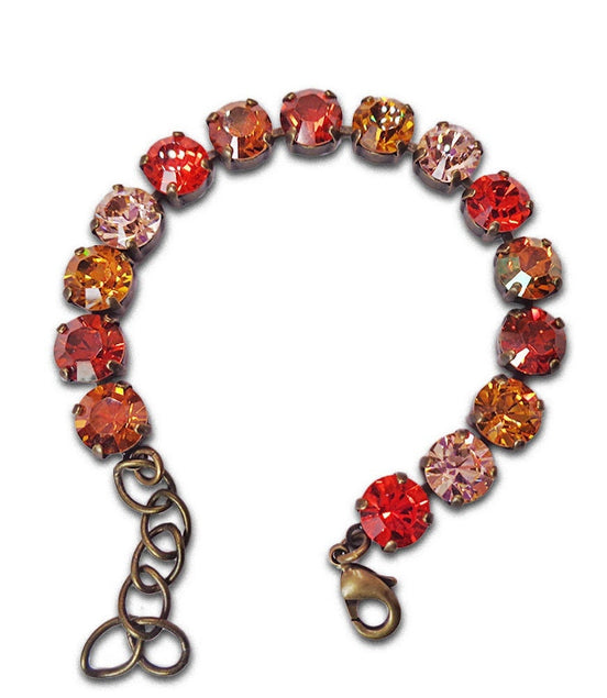 MAGMA AND FLAMES crystal orange and red tennis bracelet,antique brass