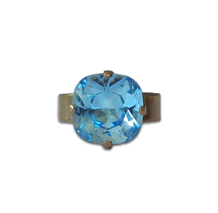 Crystal square stone ring,blue,antique brass