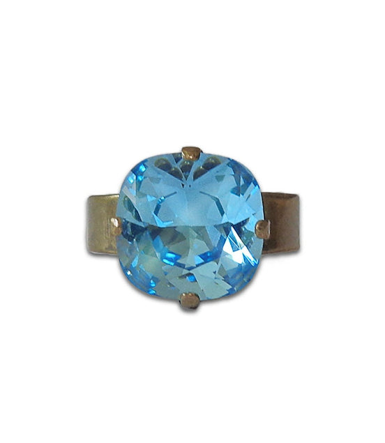 Crystal square stone ring,blue,antique brass