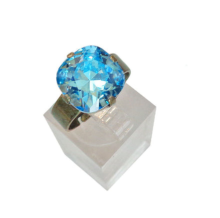 Crystal square stone ring,blue,antique brass