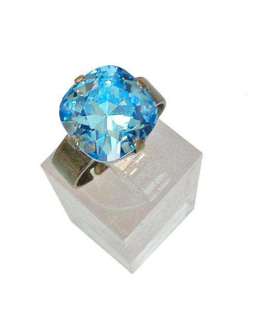 Crystal square stone ring,blue,antique brass