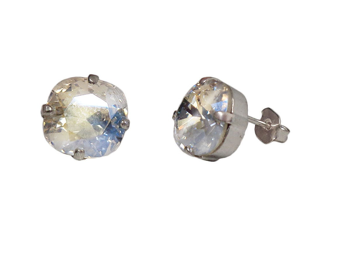 Crystal square stud earrings clear moonlight,silver plated