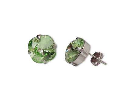 Crystal square stud earrings chrysolite  ,silver plated