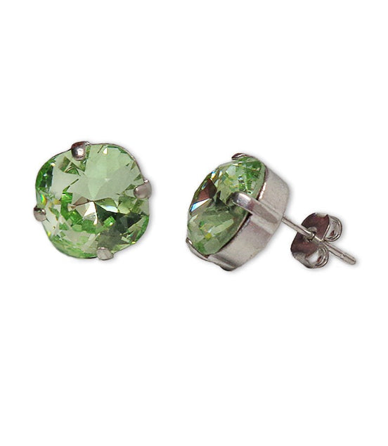 Crystal square stud earrings chrysolite  ,silver plated