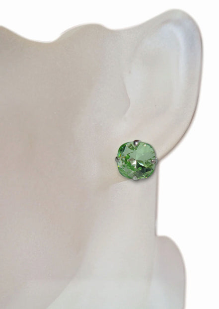 Crystal square stud earrings chrysolite  ,silver plated