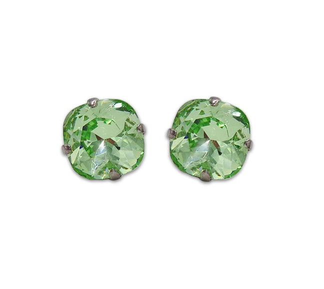 Crystal square stud earrings chrysolite  ,silver plated