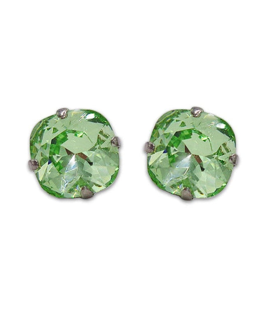 Crystal square stud earrings chrysolite  ,silver plated