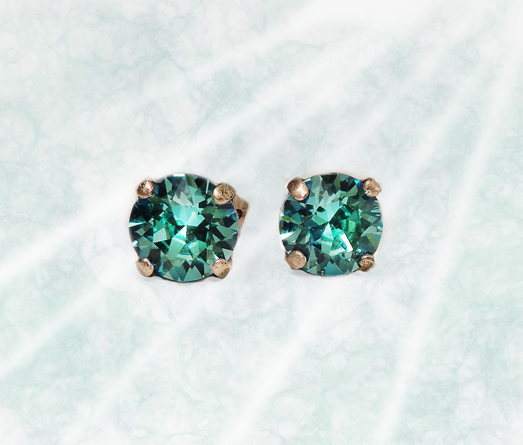 Crystal  stud earrings light turquoise,antique silver