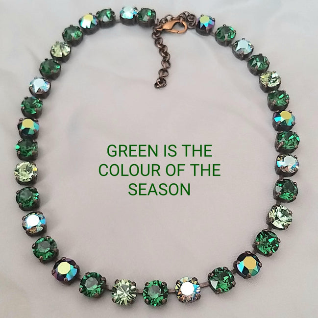 VIVID FOREST Austrian crystal necklace crystal  dark green moss ,antique brass