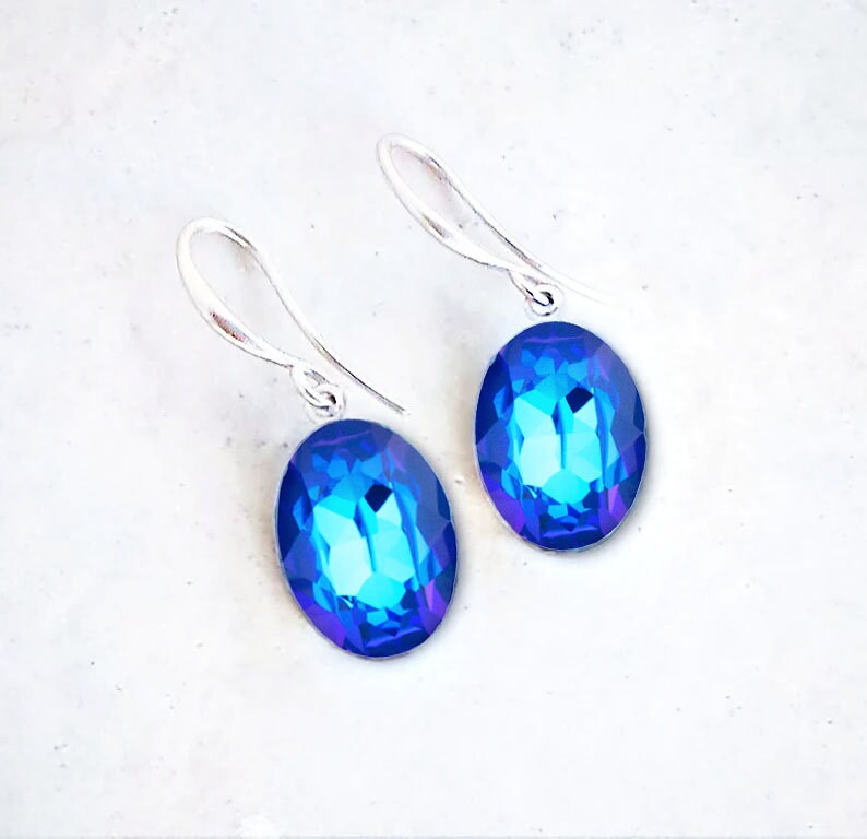 Crystal oval dangle drop earrings royal blue,rhodium silver